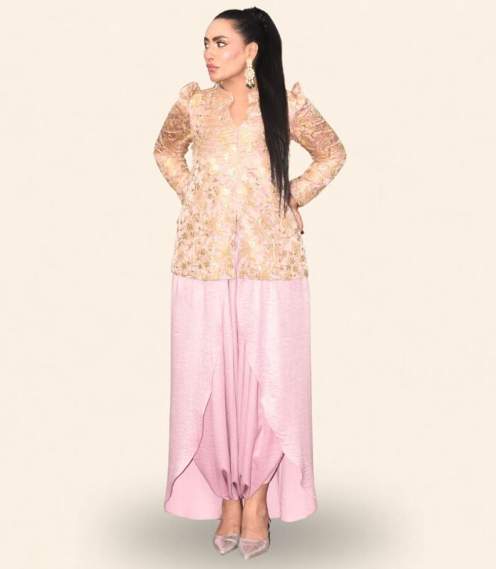 Gul-Kari Modern Mandarins & Draped Shalwar – Chic Festive Fusion in Tea Rose & Gilded Gold