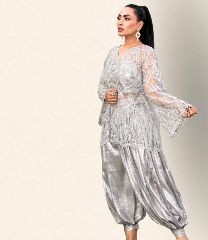 Surmayi Shimmering Pewter Silver Tunic and Metallic Dhoti Shalwar – Ethereal Elegance for the Modern Muse Surmayi Shimmering Pewter Silver Tunic and Metallic Dhoti Shalwar – Ethereal Elegance for the Modern Muse