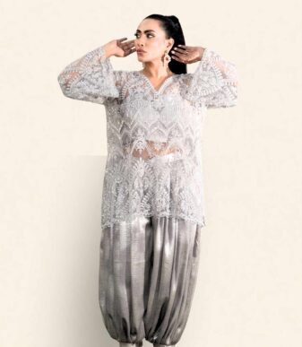 Surmayi Embroidered Tunic with V-neckline and Flowing Sleeves – Metallic Dhoti Shalwar Ensemble Surmayi Embroidered Tunic with V-neckline and Flowing Sleeves – Metallic Dhoti Shalwar Ensemble