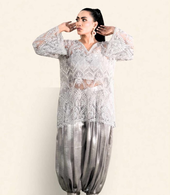 Surmayi Embroidered Tunic with V-neckline and Flowing Sleeves – Metallic Dhoti Shalwar Ensemble Surmayi Embroidered Tunic with V-neckline and Flowing Sleeves – Metallic Dhoti Shalwar Ensemble