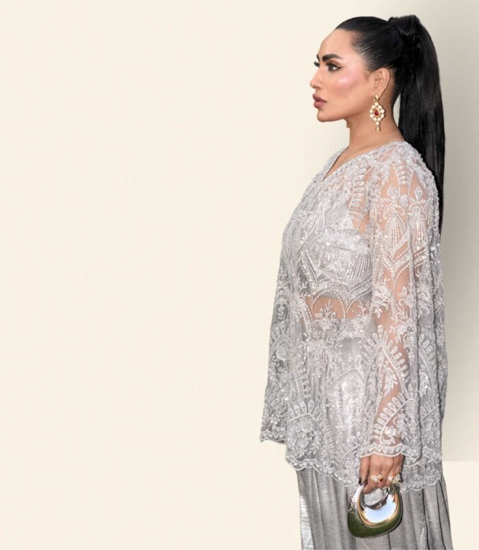 Surmayi Luminous Pewter Silver Tunic with Sculpted Dhoti Shalwar – Contemporary Elegance Surmayi Luminous Pewter Silver Tunic with Sculpted Dhoti Shalwar – Contemporary Elegance