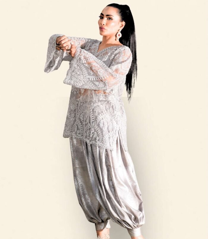 Surmayi Pewter Silver Embroidered Net Tunic with Metallic Dhoti Shalwar Surmayi Pewter Silver Embroidered Net Tunic with Metallic Dhoti Shalwar
