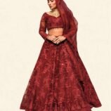 Surkh Wedding Couture – Voluminous Embroidered Lehenga and Embellished Choli in Crimson Maroon