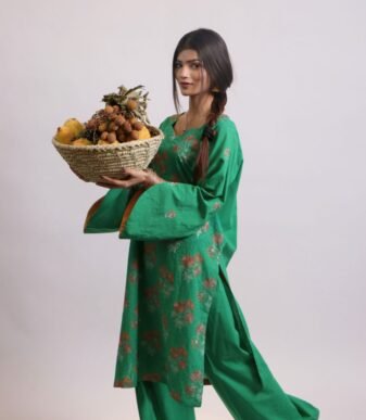Amaltas green embroidered lawn shirt and trouser suit