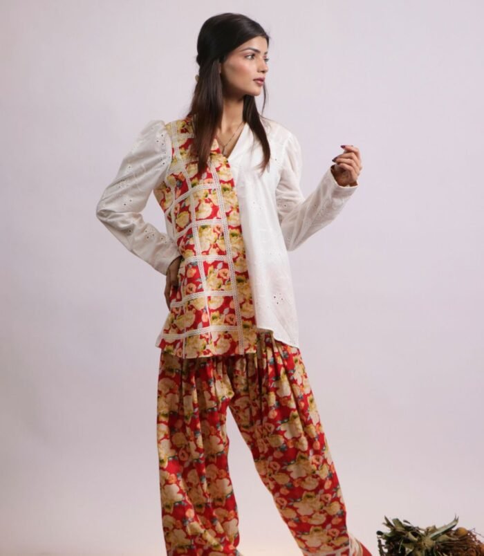 Gulshan asymmetrical white lawn kurti with farshi shalwar