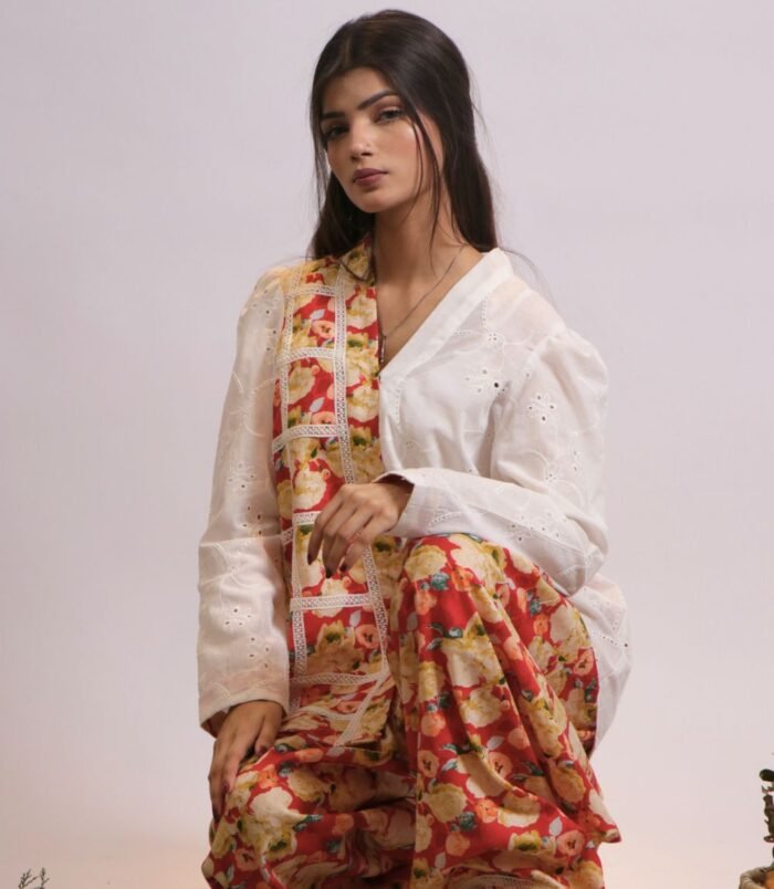 Gulshan asymmetrical white lawn kurti with farshi shalwar