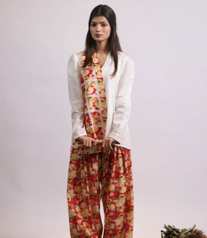 Gulshan asymmetrical white lawn kurti with farshi shalwar