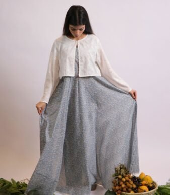 Motia blue printed lawn suit with embroidered jacket