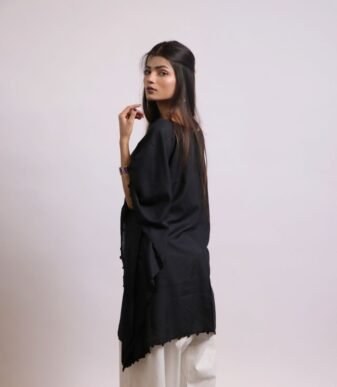 Raat Ki Rani black lawn kaftan with ivory farshi shalwar